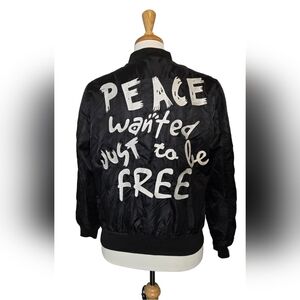 SHI Black Bomber Jacket Peace Graphic XL Streetwear festival Hip Hop Embroidered